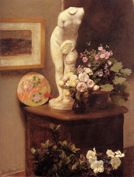 アンリ・ファンタン・ラトゥール Painting - 胴体と花のある静物 アンリ・ファンタン・ラトゥール